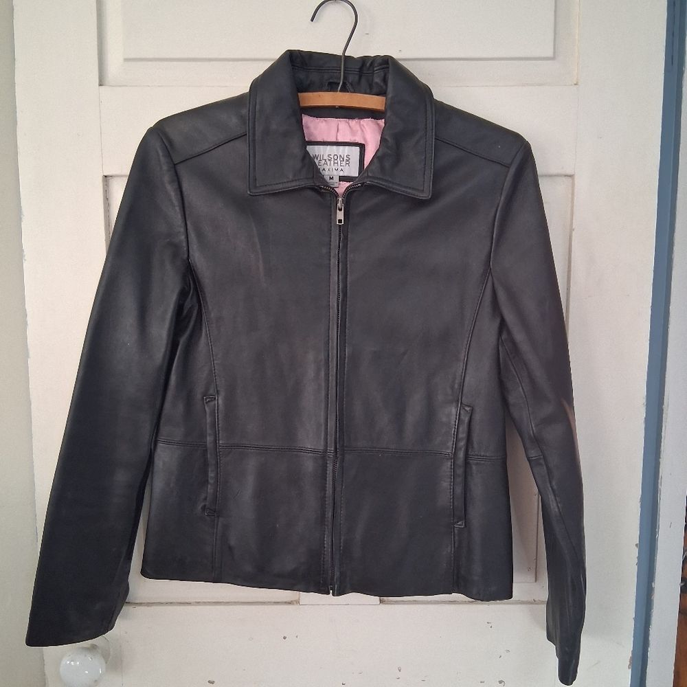 Wilsons Leather Maxima Women's Black Leather Zip-Front Lined Jacket Vintage Y2k